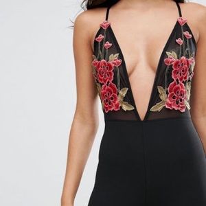 embroidered mesh plunge unitard